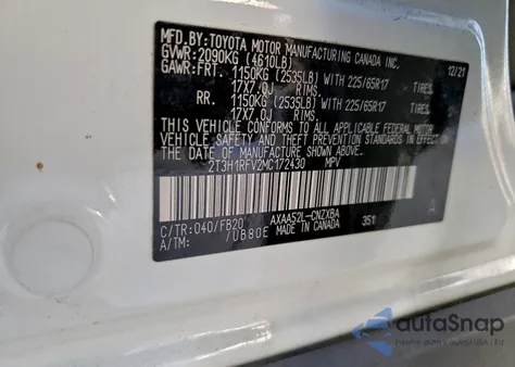 2021 Toyota Rav4 Le z USA, uszkodzony, nr VIN 2T3H1RFV2MC172430